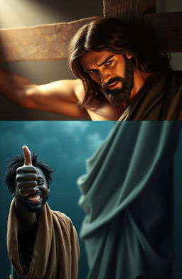A split scene featuring two contrasting depictions of Jesus Christ