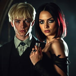 Draco Malfoy from Harry Potter standing confidently beside Liv, a captivating character with a dark, villainous aura