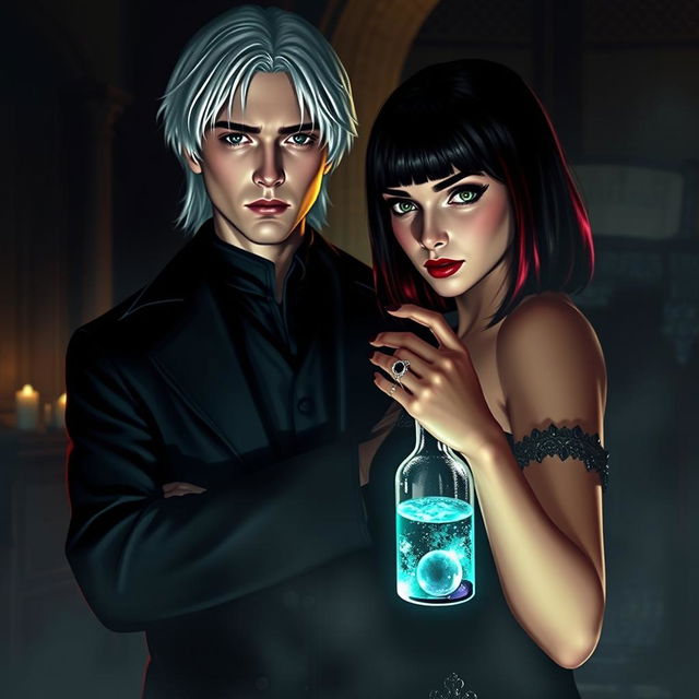 Draco Malfoy from Harry Potter standing confidently beside Liv, a captivating character with a dark, villainous aura