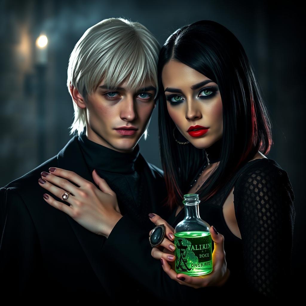 Draco Malfoy from Harry Potter standing confidently beside Liv, a captivating character with a dark, villainous aura