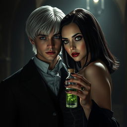 Draco Malfoy from Harry Potter standing confidently beside Liv, a captivating character with a dark, villainous aura