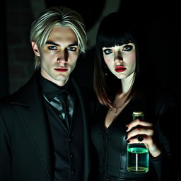 Draco Malfoy from Harry Potter standing alongside a character named Liv, who has a striking appearance