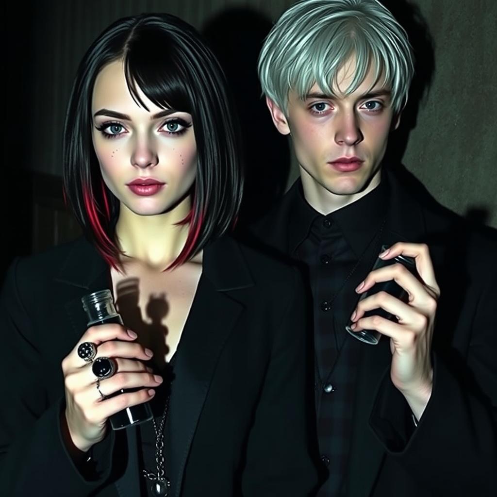 Draco Malfoy from Harry Potter standing alongside a character named Liv, who has a striking appearance