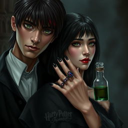 A dark romance scene featuring Draco Malfoy from Harry Potter alongside a fictional character named Liv