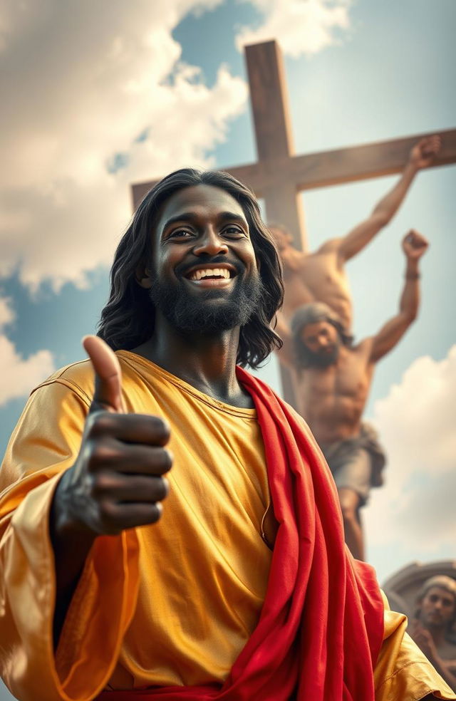 A cheerful black Jesus wearing a beautiful gold robe and a striking red overshoulder cloth, giving a thumbs up in the foreground
