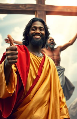 A cheerful black Jesus wearing a beautiful gold robe and a striking red overshoulder cloth, giving a thumbs up in the foreground