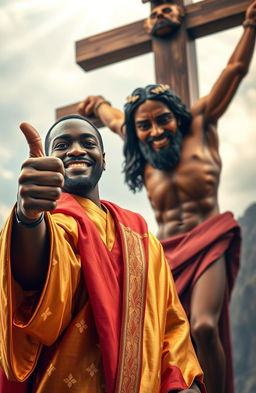 A cheerful black Jesus wearing a beautiful gold robe and a striking red overshoulder cloth, giving a thumbs up in the foreground