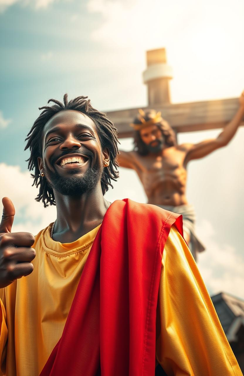 A cheerful black Jesus wearing a beautiful gold robe and a striking red overshoulder cloth, giving a thumbs up in the foreground