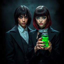 Draco Malfoy from Harry Potter standing beside a dark, mysterious character named Liv