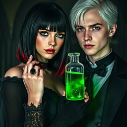 Draco Malfoy from Harry Potter standing beside a dark, mysterious character named Liv