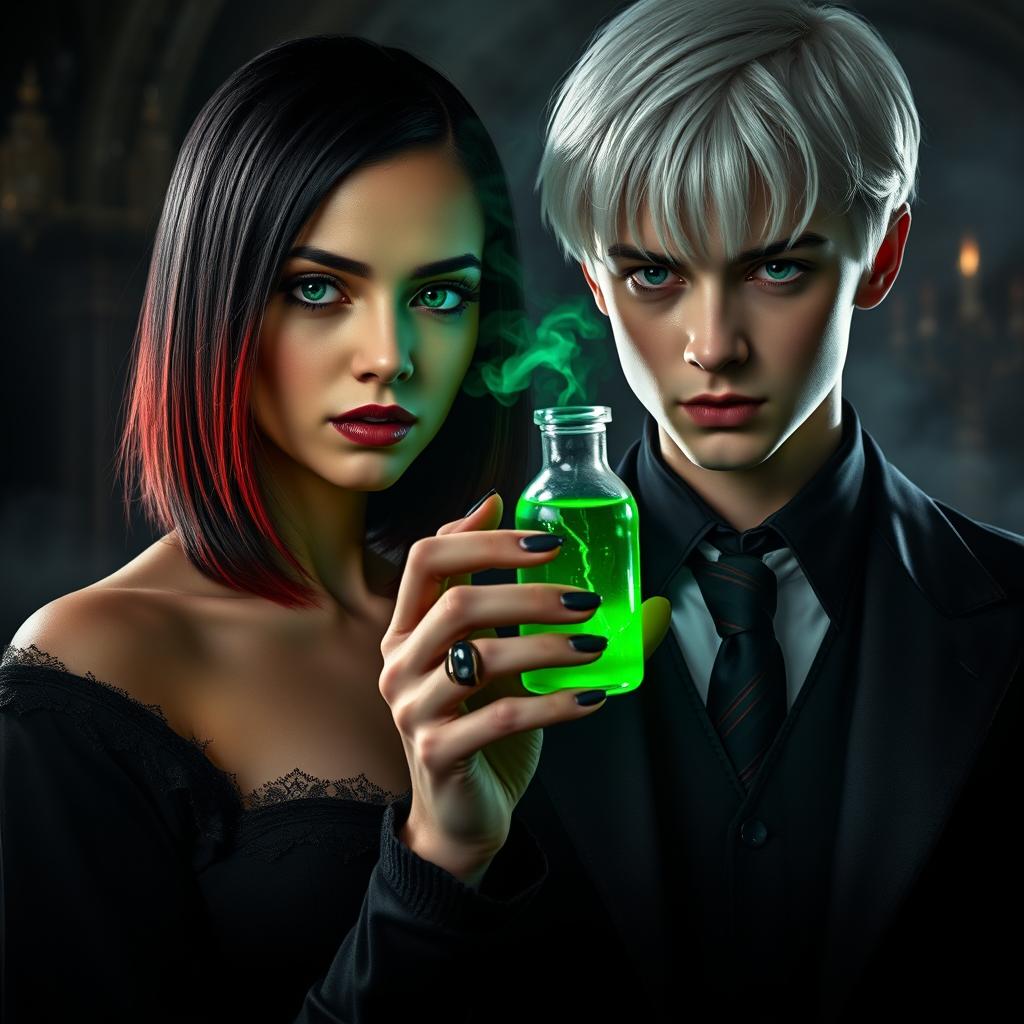 Draco Malfoy from Harry Potter standing beside a dark, mysterious character named Liv