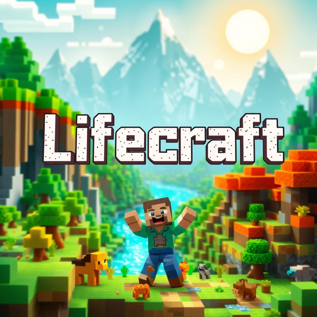 A colorful Minecraft-inspired scene featuring vibrant blocky landscapes, including lush green forests, towering mountains, and sparkling rivers