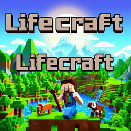 A colorful Minecraft-inspired scene featuring vibrant blocky landscapes, including lush green forests, towering mountains, and sparkling rivers