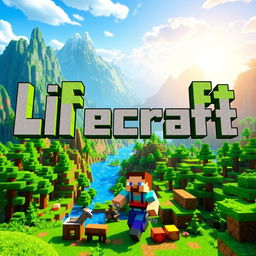 A colorful Minecraft-inspired scene featuring vibrant blocky landscapes, including lush green forests, towering mountains, and sparkling rivers