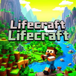 A colorful Minecraft-inspired scene featuring vibrant blocky landscapes, including lush green forests, towering mountains, and sparkling rivers