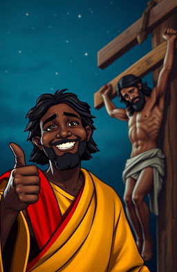 A cheerful black Jesus wearing a gold robe with a red over-shoulder cloth, smiling and giving a thumbs up in the foreground