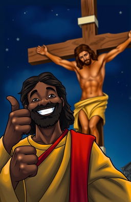 A cheerful black Jesus wearing a gold robe with a red over-shoulder cloth, smiling and giving a thumbs up in the foreground
