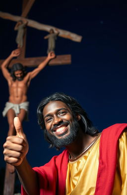 A cheerful black Jesus wearing a gold robe with a red over-shoulder cloth, smiling and giving a thumbs up in the foreground