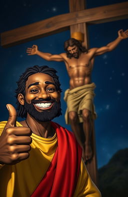 A cheerful black Jesus wearing a gold robe with a red over-shoulder cloth, smiling and giving a thumbs up in the foreground