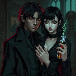 Draco Malfoy from Harry Potter standing next to Liv, a character with dark skin, shoulder-length straight black hair with red streaks