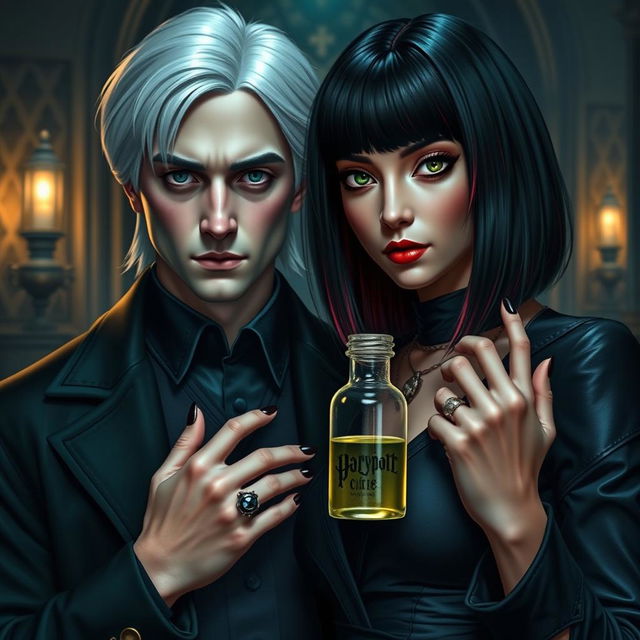 Draco Malfoy from Harry Potter standing next to Liv, a character with dark skin, shoulder-length straight black hair with red streaks