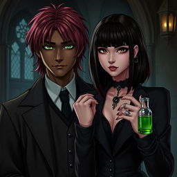 Draco Malfoy from Harry Potter standing next to Liv, a character with dark skin, shoulder-length straight black hair with red streaks