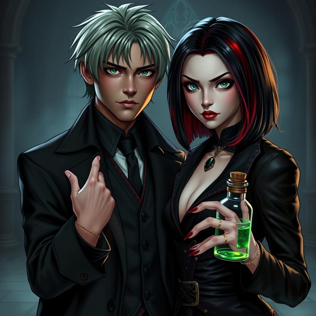 Draco Malfoy from Harry Potter standing next to Liv, a character with dark skin, shoulder-length straight black hair with red streaks