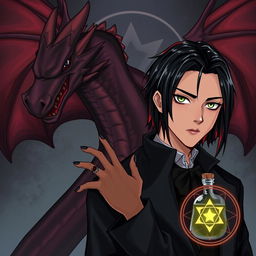An illustration of Draco Malfoy from Harry Potter alongside a character named Liv, who has dark skin and shoulder-length straight black hair with red highlights