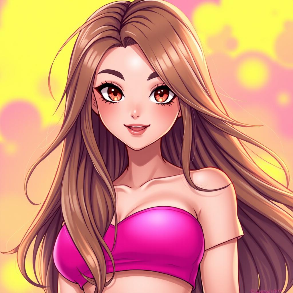 A stunning image of a hot female character with long, flowing brownish-blond hair, styled elegantly