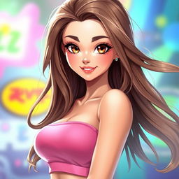 A stunning image of a hot female character with long, flowing brownish-blond hair, styled elegantly