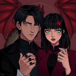 An illustration of Draco Malfoy from Harry Potter alongside a character named Liv, who has dark skin and shoulder-length straight black hair with red highlights