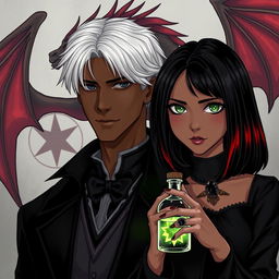 An illustration of Draco Malfoy from Harry Potter alongside a character named Liv, who has dark skin and shoulder-length straight black hair with red highlights