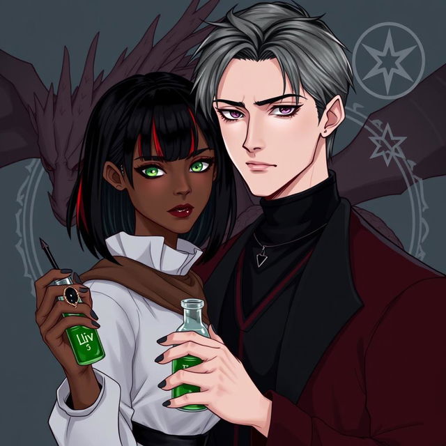An illustration of Draco Malfoy from Harry Potter alongside a character named Liv, who has dark skin and shoulder-length straight black hair with red highlights
