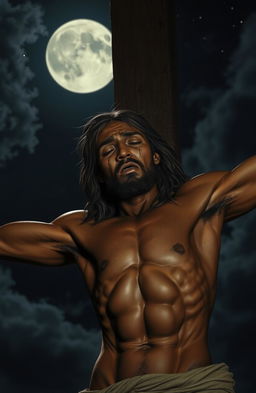 A sorrowful bare-chested black Jesus hanging on the cross, illuminated by the moonlight against a dark night sky