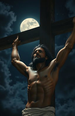A sorrowful bare-chested black Jesus hanging on the cross, illuminated by the moonlight against a dark night sky