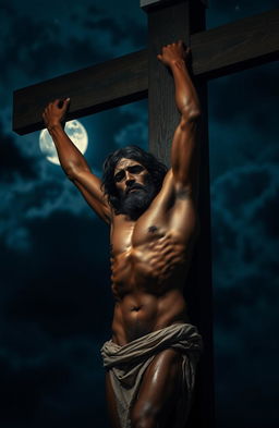 A sorrowful bare-chested black Jesus hanging on the cross, illuminated by the moonlight against a dark night sky