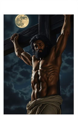 A sorrowful bare-chested black Jesus hanging on the cross, illuminated by the moonlight against a dark night sky
