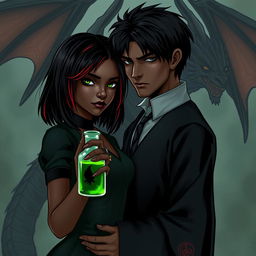 A dark romance scene featuring Draco Malfoy from Harry Potter with Liv, a character with dark skin