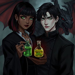 A dark romance scene featuring Draco Malfoy from Harry Potter with Liv, a character with dark skin