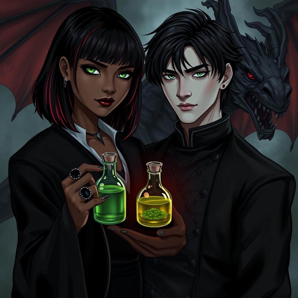 A dark romance scene featuring Draco Malfoy from Harry Potter with Liv, a character with dark skin