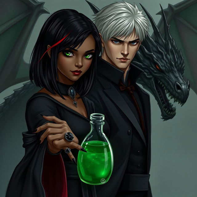 A dark romance scene featuring Draco Malfoy from Harry Potter with Liv, a character with dark skin