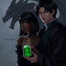 A dark romance scene featuring Draco Malfoy from Harry Potter with Liv, a character with dark skin