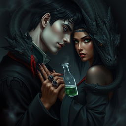 A dark romance scene featuring Draco Malfoy from Harry Potter alongside Liv, a character with dark skin