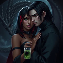 A dark romance scene featuring Draco Malfoy from Harry Potter alongside Liv, a character with dark skin