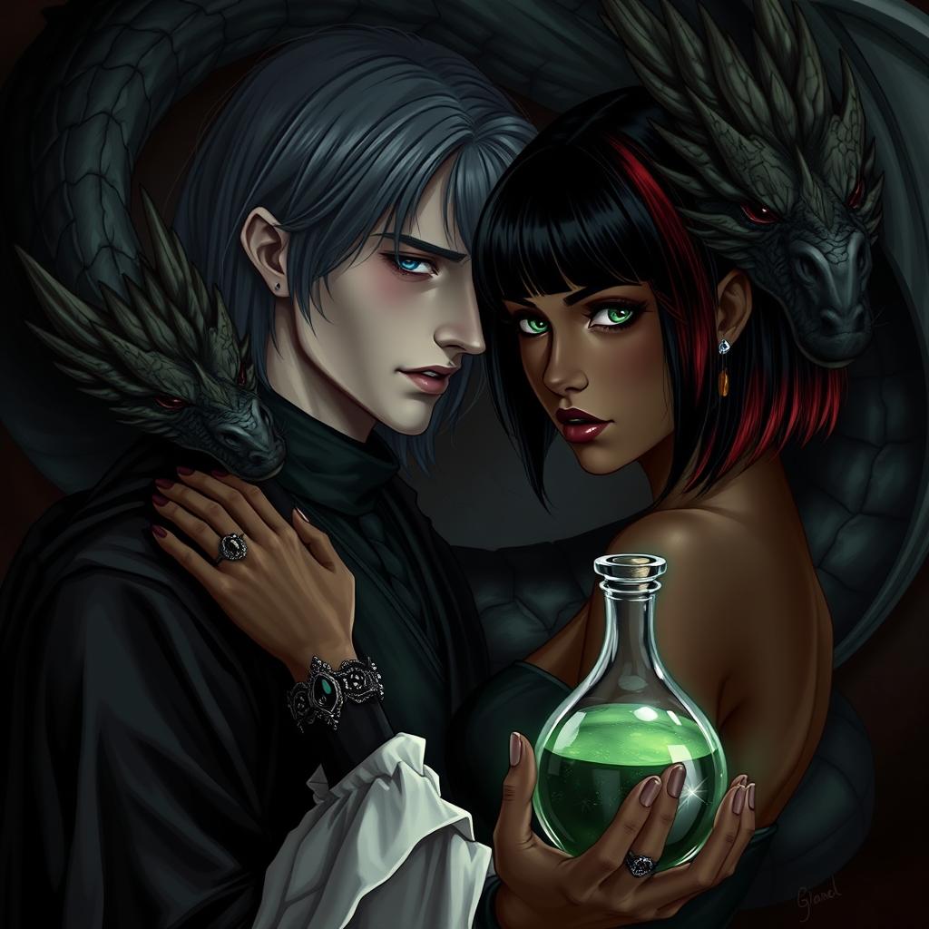 A dark romance scene featuring Draco Malfoy from Harry Potter alongside Liv, a character with dark skin