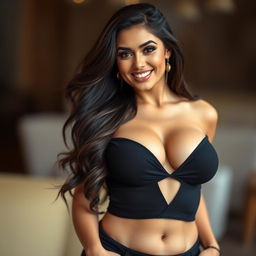 A beautiful brunette curvy woman with an alluring body and ample cleavage, showcasing her confidence and allure