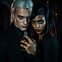 Draco Malfoy, a character from Harry Potter, with a dark, brooding expression, standing closely beside Liv, a striking dark-skinned woman
