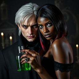 Draco Malfoy, a character from Harry Potter, with a dark, brooding expression, standing closely beside Liv, a striking dark-skinned woman