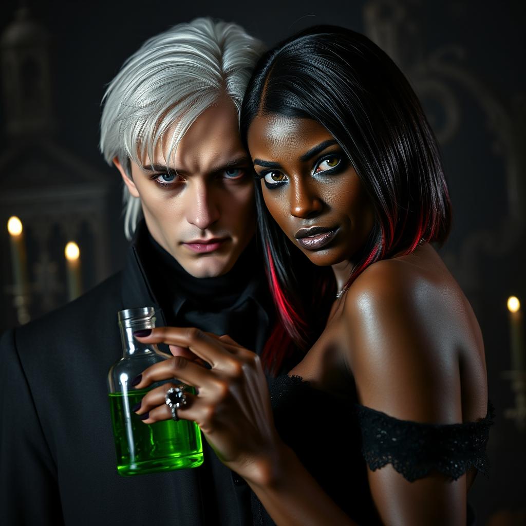 Draco Malfoy, a character from Harry Potter, with a dark, brooding expression, standing closely beside Liv, a striking dark-skinned woman