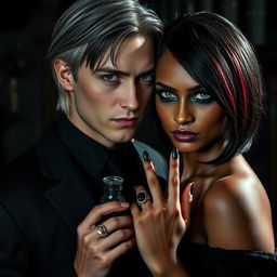 Draco Malfoy, a character from Harry Potter, with a dark, brooding expression, standing closely beside Liv, a striking dark-skinned woman